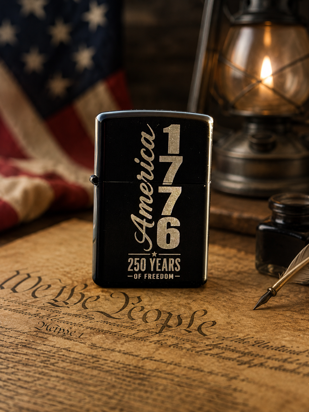 America 1776 black wind proof lighter 250 Years of Freedom laser engraved product photo