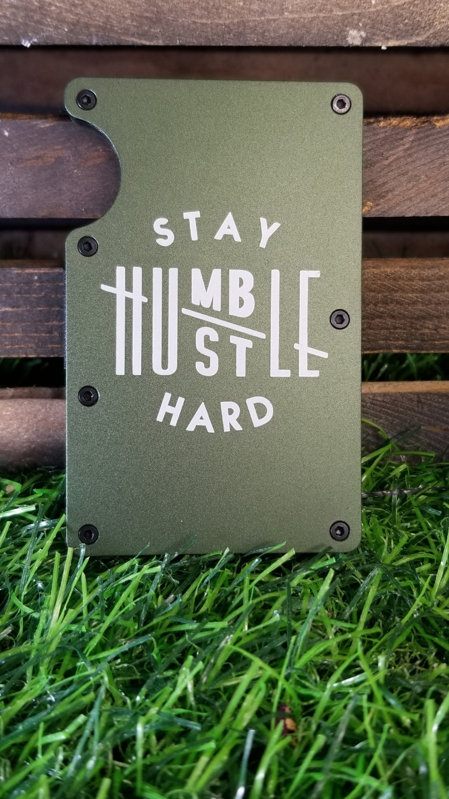 Personalized Minimalist Metal Wallet - Stay Humble and Hustle Hard